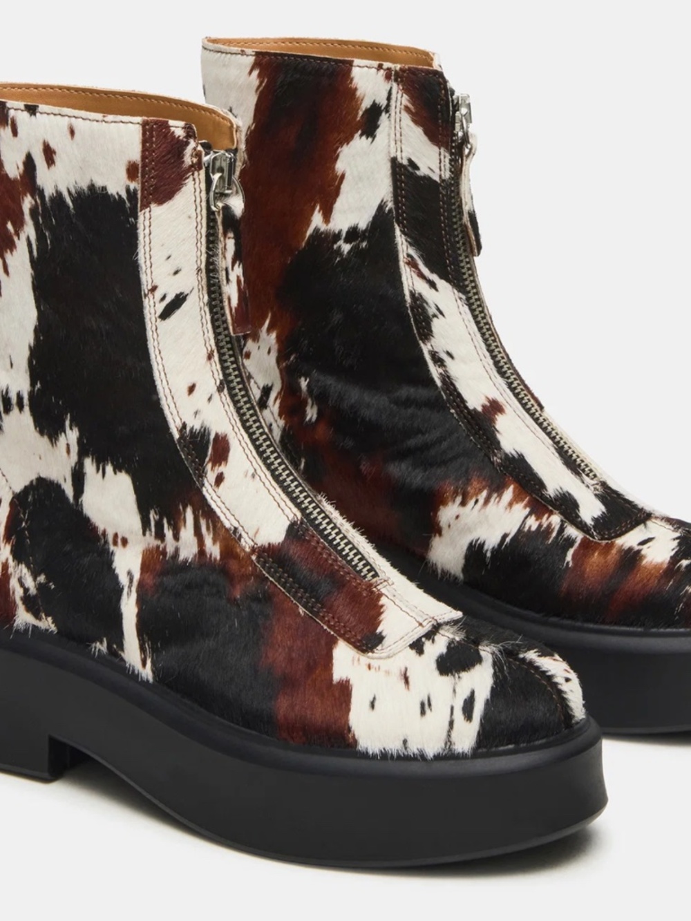 Steve Madden Jones Cowhide Zip-Front Platform Ankle Boots in Brown Black White